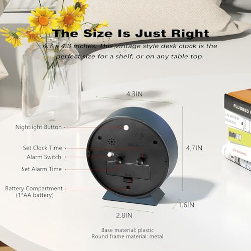 4.5 inch Analog Alarm Clock 1 Year Warranty (Blue Round Alarm Clock)
