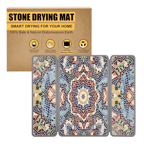 Stone Dish Drying Mat with Silicone Sleeve (Multicolor / Mosaic Pattern / 19.7" x 15.7")