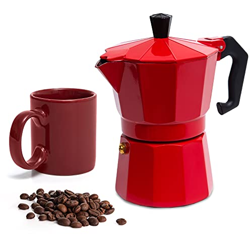 3 Cup Moka Pot Stovetop Espresso Maker (Red / 3 Espresso Cups with Mug)
