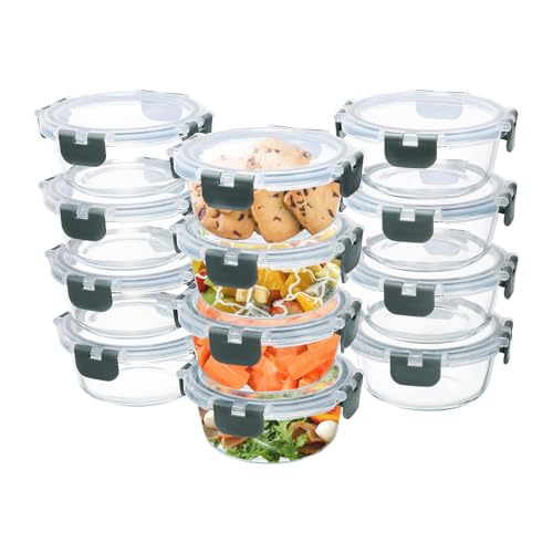 12 Pack 13oz Small Round Glass Food Storage Containers with Lids (13oz, 12 Pack - Grey Set, Same Size)