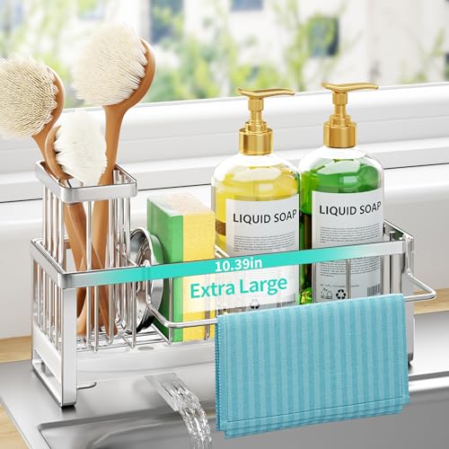 Self draining Sponge Holder for Kitchen Sink with Brush Holder and Dishcloth Holder