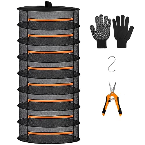 Herb Drying Rack Folding Mesh Hanging Basket Dryer Net with Orange Zippers for Seeds Flowers Buds Plants Garden Outdoor Bumper Harvest