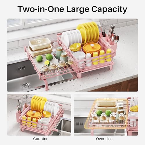 Expandable Dish Drying Rack for Kitchen Counter (Pink)