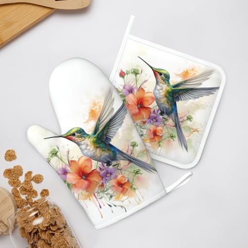 Oven Mitts and Pot Holders Watercolor Hummingbird Flower Silicone Kitchen Accessories Set of 4 Heat Resistant Long Gloves Potholder Non (B02)