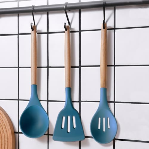 Silicone Cooking Utensils Set 6Pcs Heat Resistant Silicone Kitchen Utensils Set for Cooking Spatula Spoon Turner Ladle w Wooden Handle (Standard 6-Piece Set / Blue)
