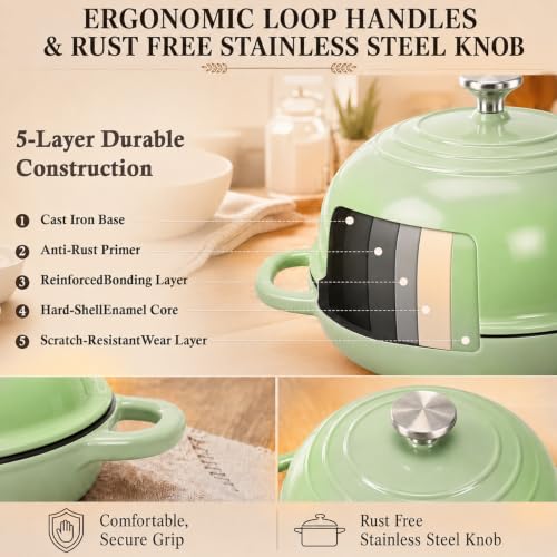 5QT Enameled Cast Iron Dutch Oven for Sourdough Bread Baking (Green)