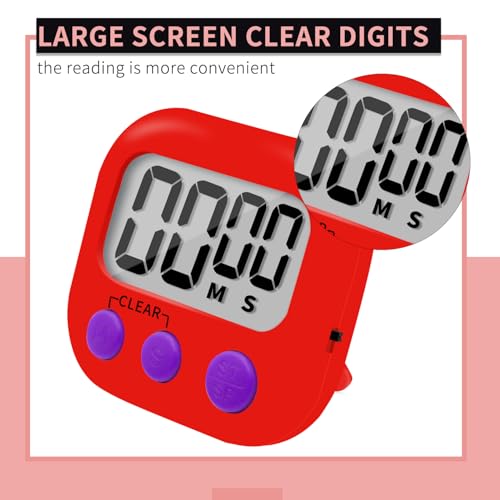 6 Pack Small Digital Kitchen Timer Magnetic Back and ON (Red)