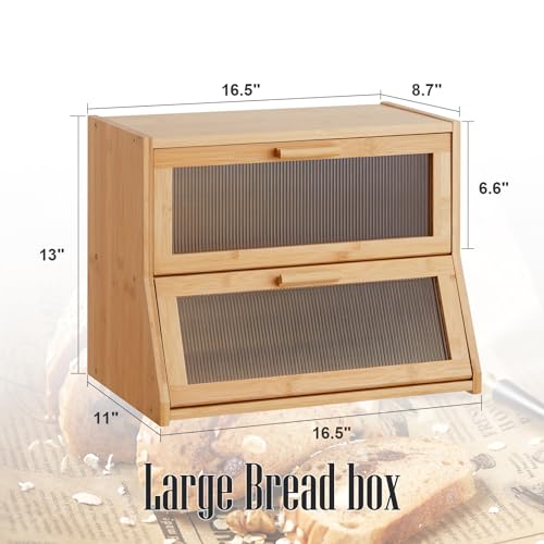 Double Layer Bamboo Bread Box for Kitchen Counter (Natural / Medium)