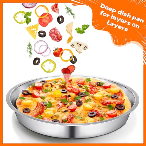Large Deep Pizza Pans Stainless Steel Pizza Tray Round Oven Tray Rust Proof Reusable Bakeware Cooking Pan Dishwasher Safe for Baking