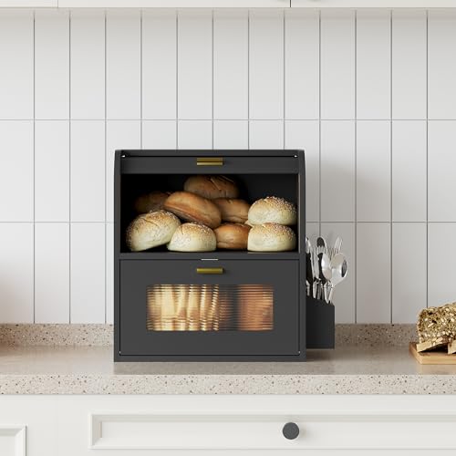 Roll Top Bread Box for Kitchen Countertop (Black)