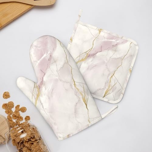Oven Mitts and Pot Holders Light Pink White Marble Silicone Kitchen Accessories Set of 4 Heat Resistant Long Gloves Potholder Non (A06642)