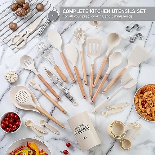 Non Stick Silicone Utensil Set with Rounded Wood Handles for Cooking and Baking (38 Piece Set / Khaki)