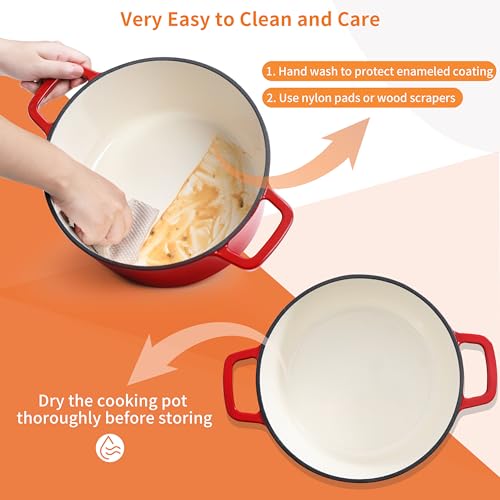 6 QT Enameled Cast Iron Dutch Oven Pot with Lid (Red / 6QT-Round)