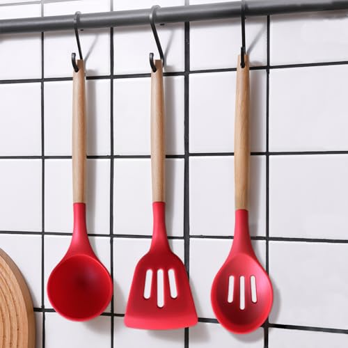 Kitchen Cooking Utensils Set 6Pcs Heat Resistant Silicone Kitchen Utensils Spatula Spoon Turner Ladle w Wooden Handle (Standard 6-Piece Set / Red)