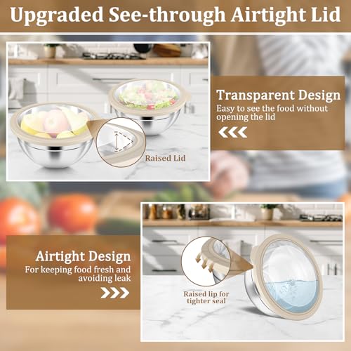 Metal Mixing Bowls with Lids Set (Khaki / Visible Airtight Lids)