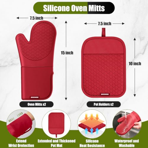 Silicone Oven Mitts and Pot Holders with Kitchen Towels and Dishcloths Sets (Red)