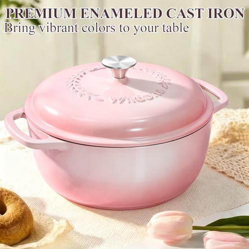 6QT Enameled Cast Iron Dutch Oven Pot with Lid (Pink)