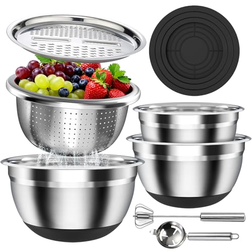 Stainless Steel Mixing Bowls Set with Lids & Silicone Base (Black)