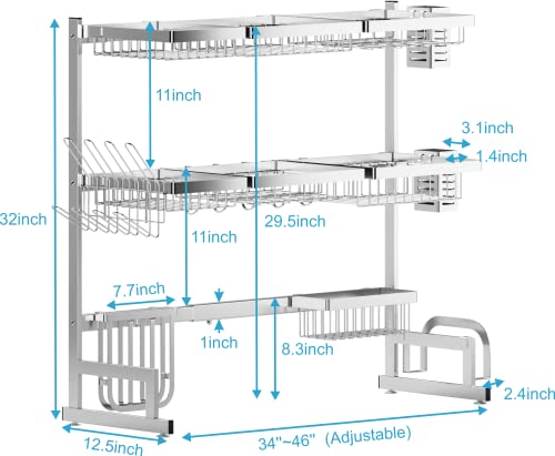 Over Sink Dish Drying Rack Stainless Steel (Silver(304 Stainless Steel) / 3Tier - Standard(34"-46"))