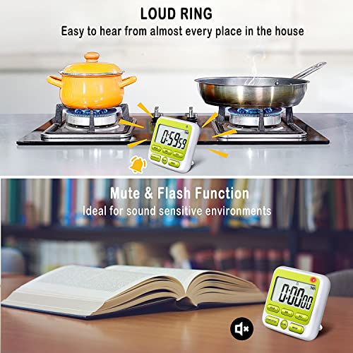 4-in-1 Digital Timer with Count Up/Down, Clock & Alarm, Ring & Silent Modes (Green)