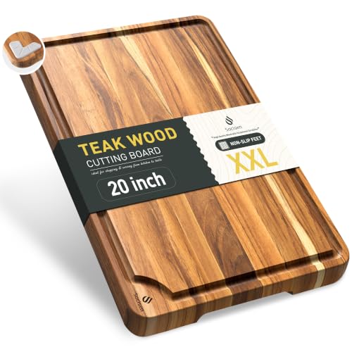 Extra Large Teak Cutting Board 20'' Kitchen Non Slip Wood Butcher Block (20"L x 14"W)