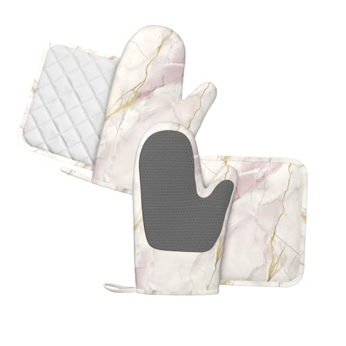 Oven Mitts and Pot Holders Light Pink White Marble Silicone Kitchen Accessories Set of 4 Heat Resistant Long Gloves Potholder Non (A06642)