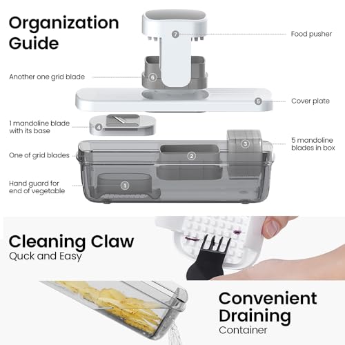 8-in-1 Vertical Vegetable Chopper Mandoline Slicer with Container White - Safe Tap Out Dicer with Hand Guard for Kitchen Easy Food Prep, Onion Potato Veggie Fruit (White)
