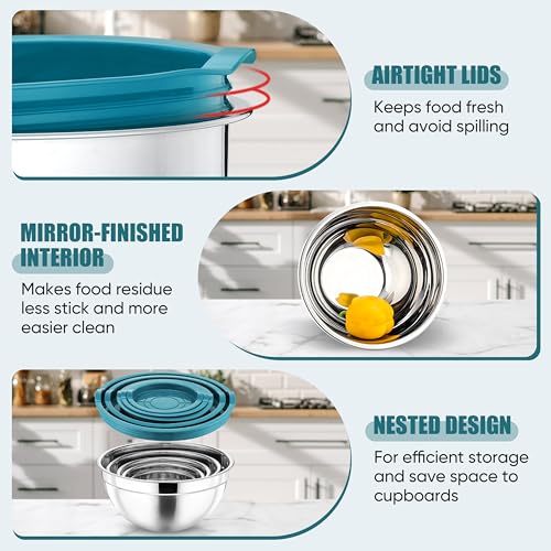 Metal Mixing Bowls with Lids Set (Blue / Airtight Lids)