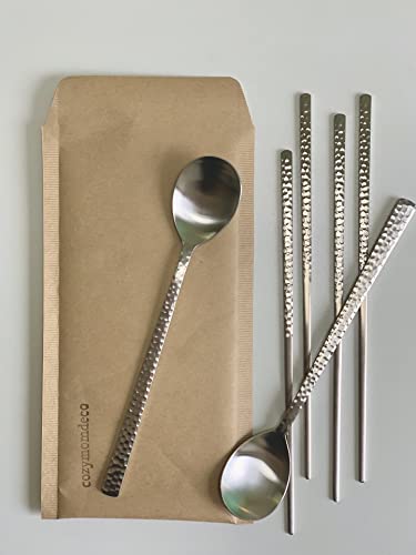 Korean Made Silver Glossy Hammered Stainless Steel Korean Spoon & Chopstick SET