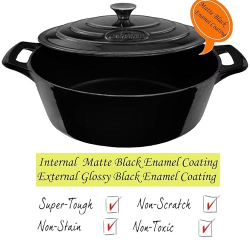 La Cuisine Enameled Cast Iron Oval Dutch Oven Casserole Pot with Lid 6.75 QT Internal Matte Black Enamel Coating for bread baking (6.75 QT Oval / Glossy Black)