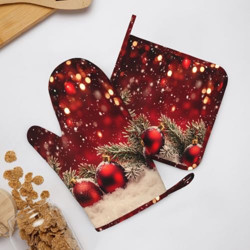 Oven Mitts and Pot Holders Set Red Christmas Ball Glitter Silicone Kitchen Accessories 4 Piece Heat Resistant Long Gloves Potholder Non (C11)