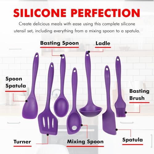 Premium Silicone Kitchen Tool and Utensil Set (7 Piece Set / Purple)