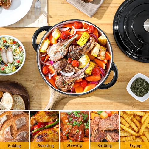 7.5 QT Enameled Cast Iron Dutch Oven Pot with Lid (Black / 7.5QT-Round)
