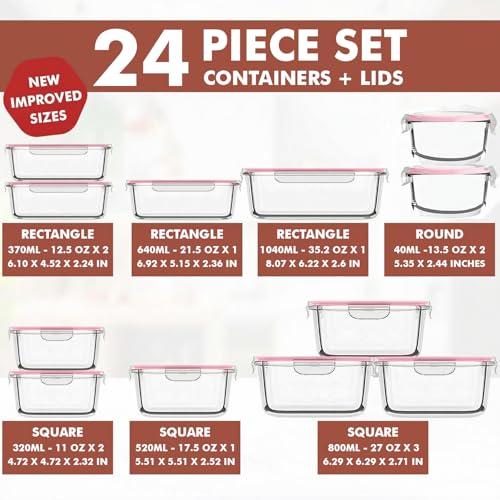 24 Pc Airtight Glass Food Storage Containers (Pink)