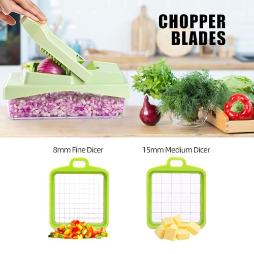 10-in-1 Vegetable Chopper – 6 Blade Veggie Chopper with Container, Food Dicer, Onion Cutter, Cheese Grater, Mandoline Slicer, Kitchen Gadgets & Home Essentials (Green) (Green)