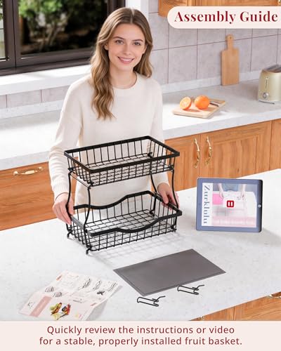 Large 2 Tier Fruit Basket for Kitchen Counter with 2 Banana Hangers