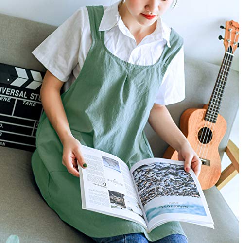 Japanese Cotton Linen Cross Back Cooking Apron for Women Men with Pockets Cute for Baking Kitchen