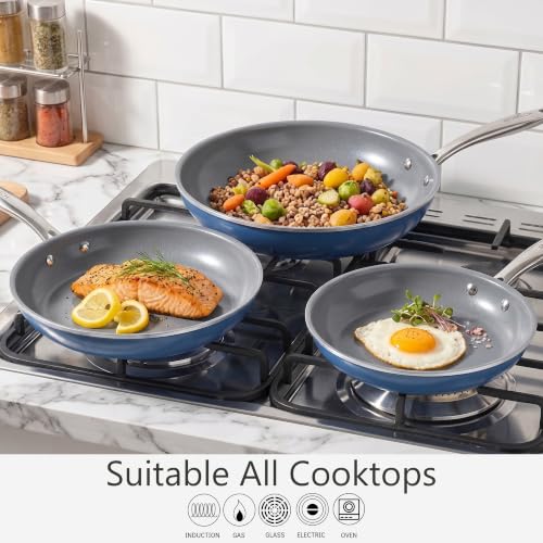 3 Piece Blue Ceramic Nonstick Frying Pan Set (Blue)