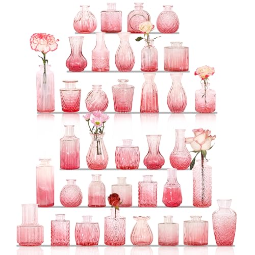 36Pcs Bud Vases Set Small Vintage Glass Bottles Bud Vases in Bulk Multiple Shape Cute Glass Vases for Rustic Wedding Centerpieces Table Decorations and Home Decor