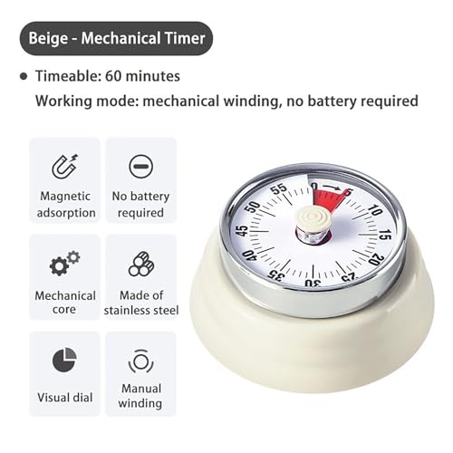 Elegant Stainless Steel Vintage Kitchen Timer with Magnetic Attachment (01-beige)