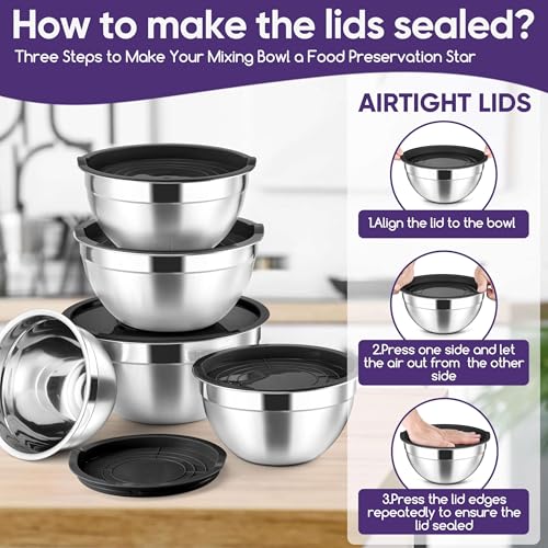 5 Piece Mixing Bowls with Airtight Lids (Black / 4.6, 3.5, 2.5, 2, 1.5QT)