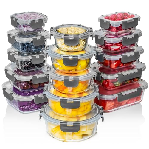 30 PC Glass Food Storage Containers with Lids (Gray)