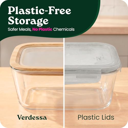 Large Glass Food Storage Containers with Glass Lids & Bamboo Rim (87.7 Fl Oz)