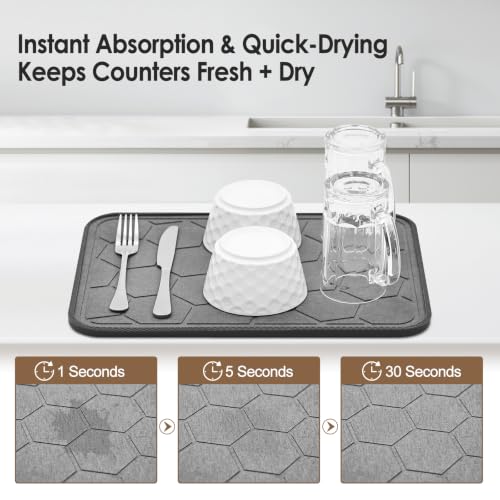 Stone Dish Drying Mat with Silicone Sleeve (Grey- Honeycomb Pattern / 15.7" x 11.8")