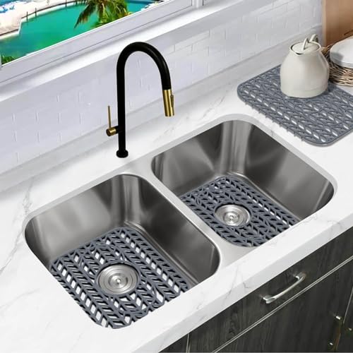 Sink Protectors for Kitchen Sink 13.58"x11.5"Silicone Kitchen Sink mat 2pcs (13.58"x11.6" / Gray)