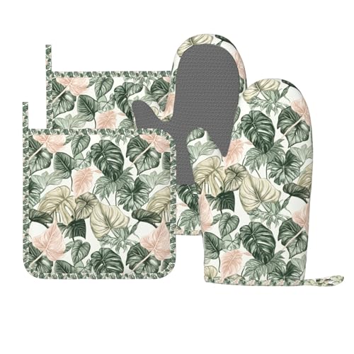 Oven Mitts Pot Holders Set Tropical Leaf Pattern Silicone Kitchen Gloves Potholders Heat Resistant for Chef Baking Cooking Grilling BBQ 4 Pack Mitt (B0119)