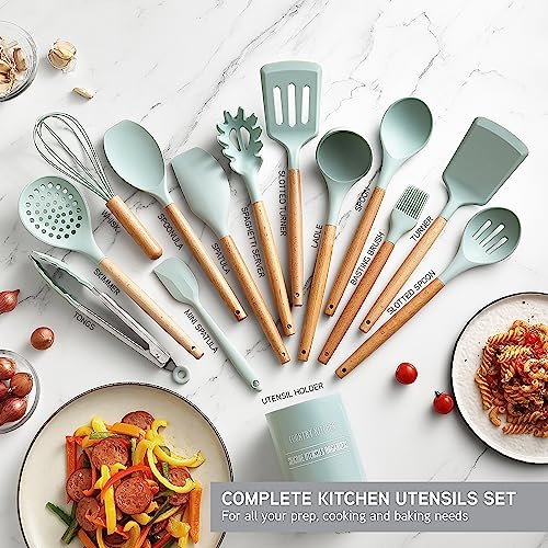 Non Stick Silicone Utensil Set with Rounded Wood Handles for Cooking and Baking (14 Piece Set / Mint)