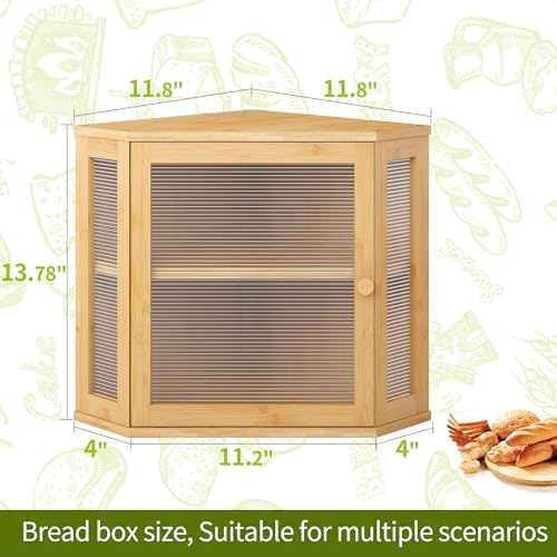 Corner Bread Box for Kitchen Countertop Double Layer Bamboo Wooden Bread box Large Capacity Bread Storage Bin (Natural / Medium)