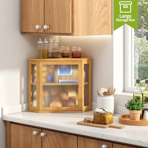 Corner Bread Box for Kitchen Countertop Double Layer Bamboo Wooden Bread box Large Capacity Bread Storage Bin (Natural / Medium)