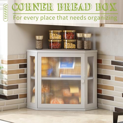 Corner Bread Box for Kitchen Countertop Double Layer Bamboo Wooden Bread box Large Capacity Bread Storage Bin (White / Medium)